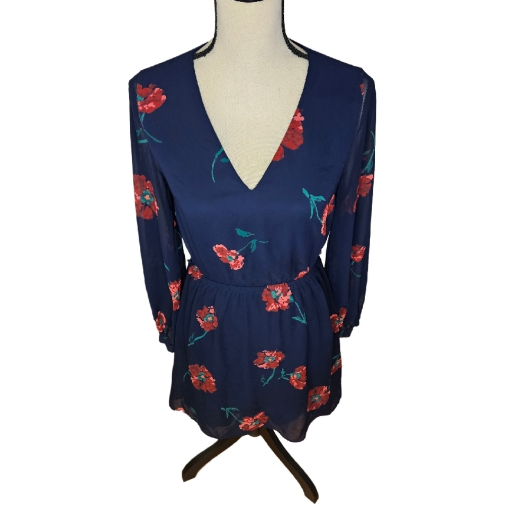 Express Navy Floral Dress with Long Sleeves - Picture 2 of 10